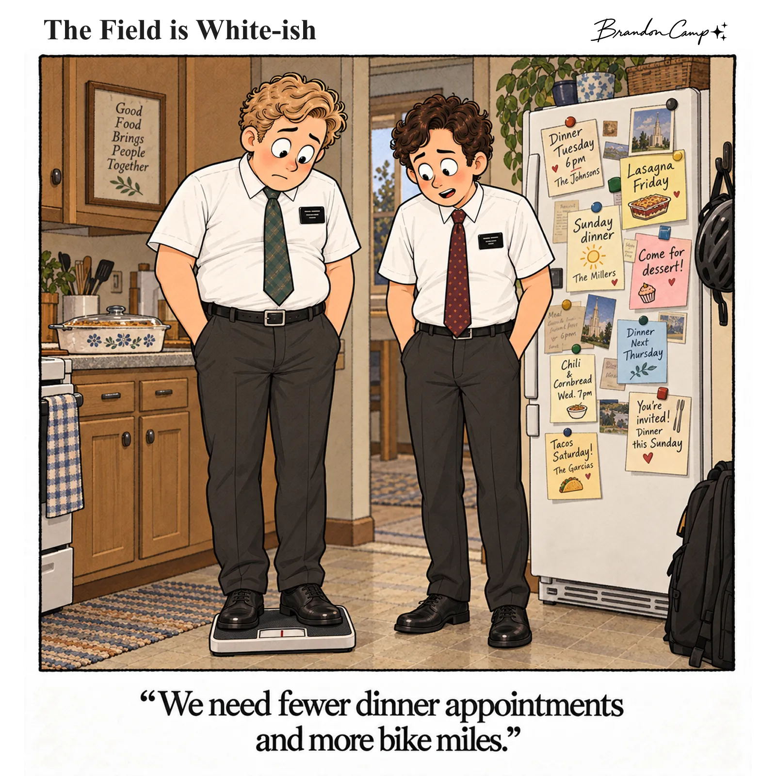 Comic: One elder frowns down at a bathroom scale in a kitchen while his companion looks on beside a fridge covered in dinner-appointment notes. Caption: “We need fewer dinner appointments and more bike miles.”