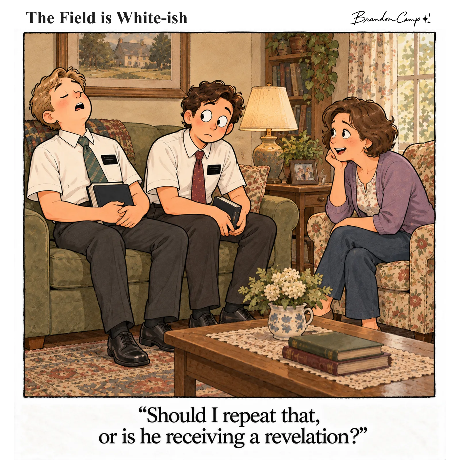 Comic: During a lesson in a living room, one elder has fallen asleep with his head back while his companion glances over and the host smiles politely. Caption: “Should I repeat that, or is he receiving a revelation?”