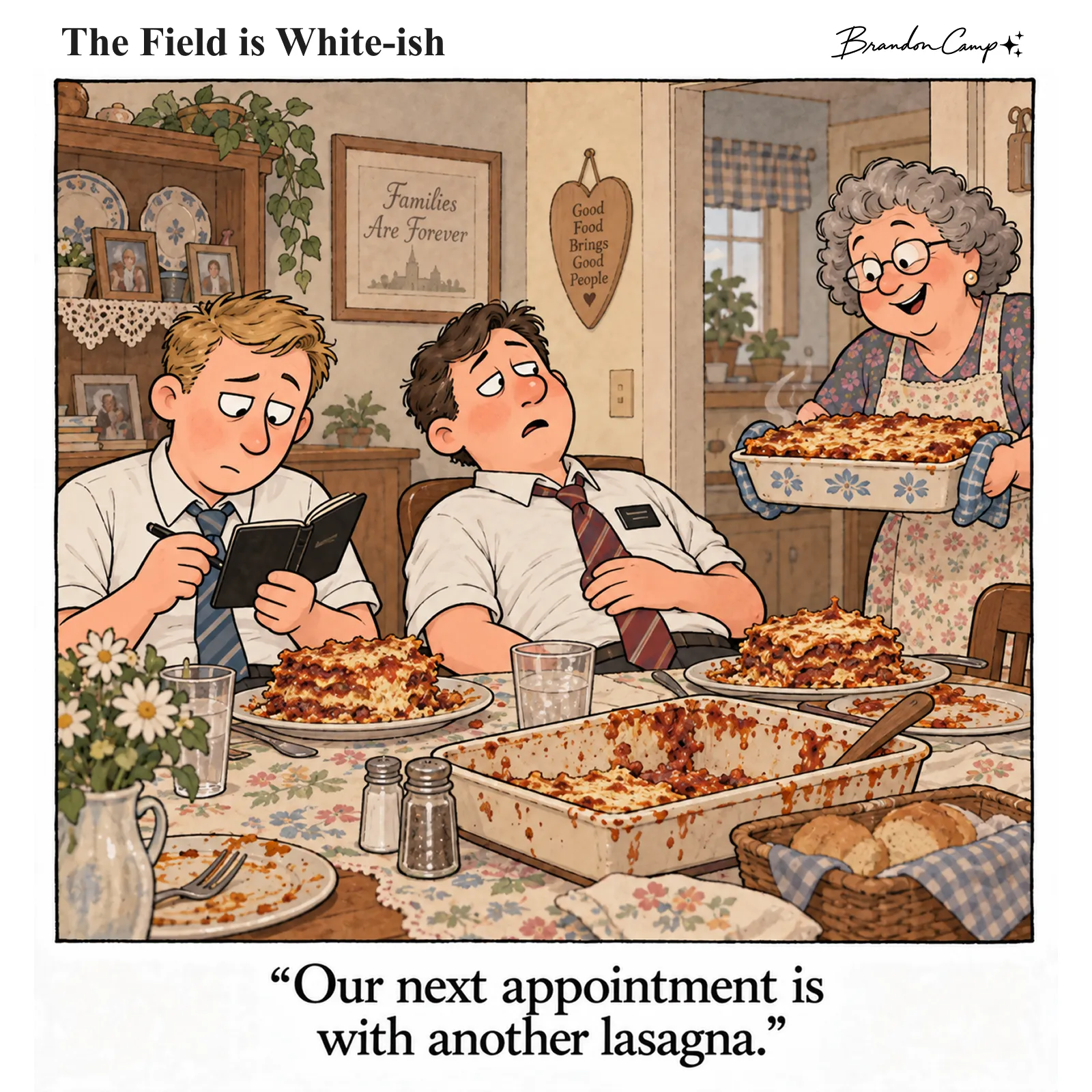 Comic: Two stuffed elders slump at a dinner table in front of huge slices of lasagna while a beaming grandmother carries in yet another pan. Caption: “Our next appointment is with another lasagna.”